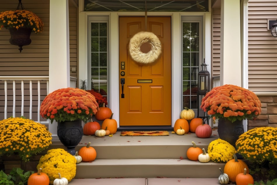 Fall Mums In Front Of A House