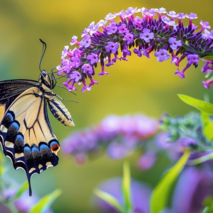 Almanac Planting Co: Butterfly Bush Collection. A butterfly hanging off of a pinkish purple Buddlia flower.