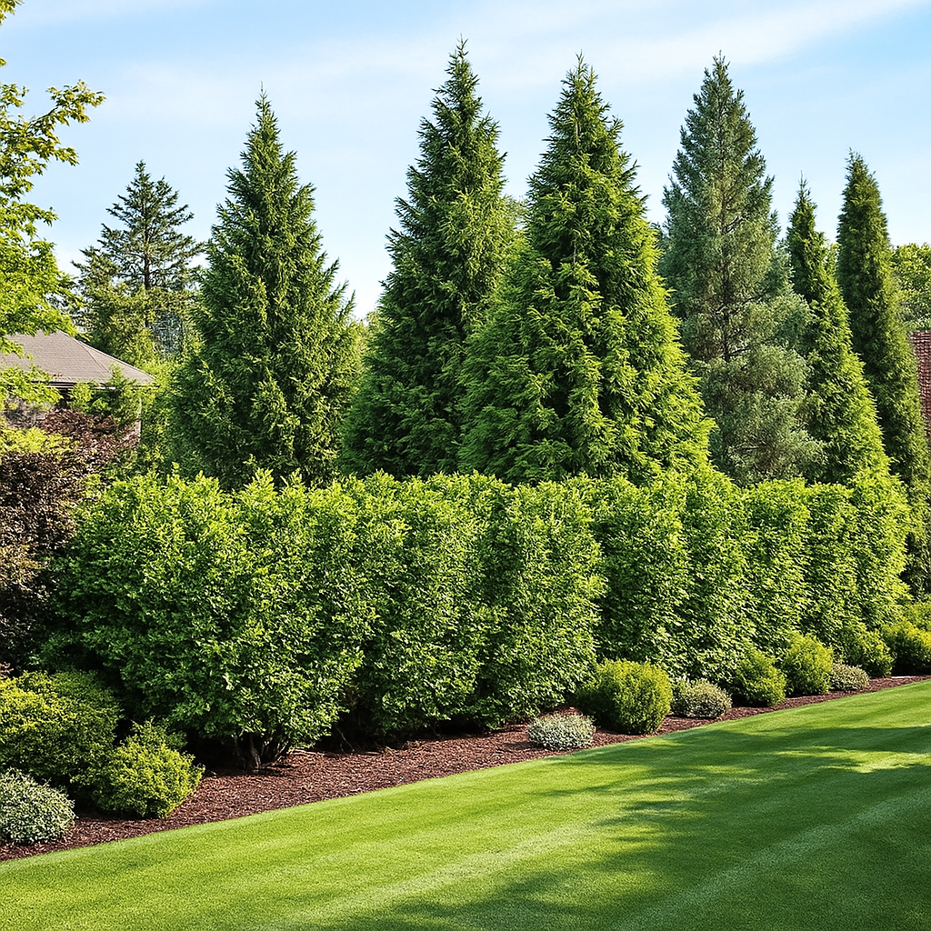 Almanac Planting Co: garden landscape featuring tall evergreen trees and dense screening shrubs creating natural privacy and year-round green coverage