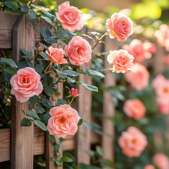 Almanac Planting Co: Rose Collection. A bunch of pink roses in bloom growing through a fence. 