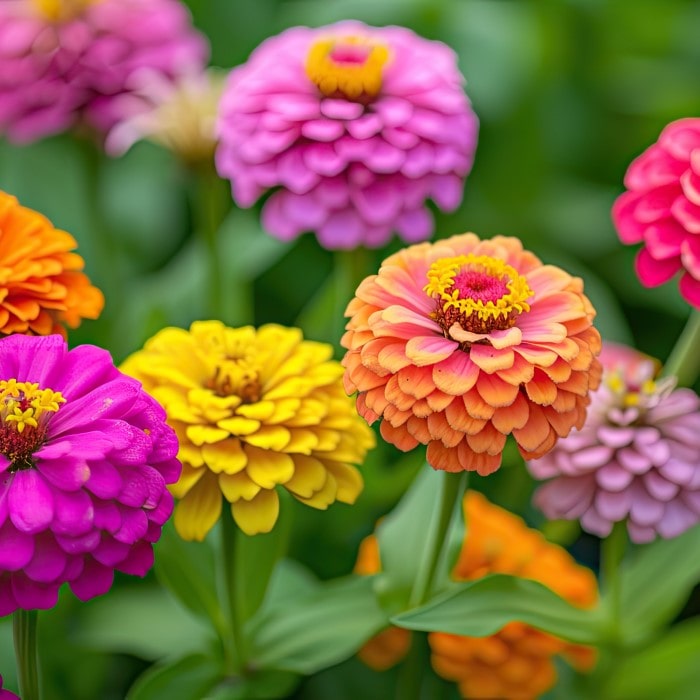 Almanac Planting Co: Zinnia Collection. A bunch of colorful zinnias growing in a field.