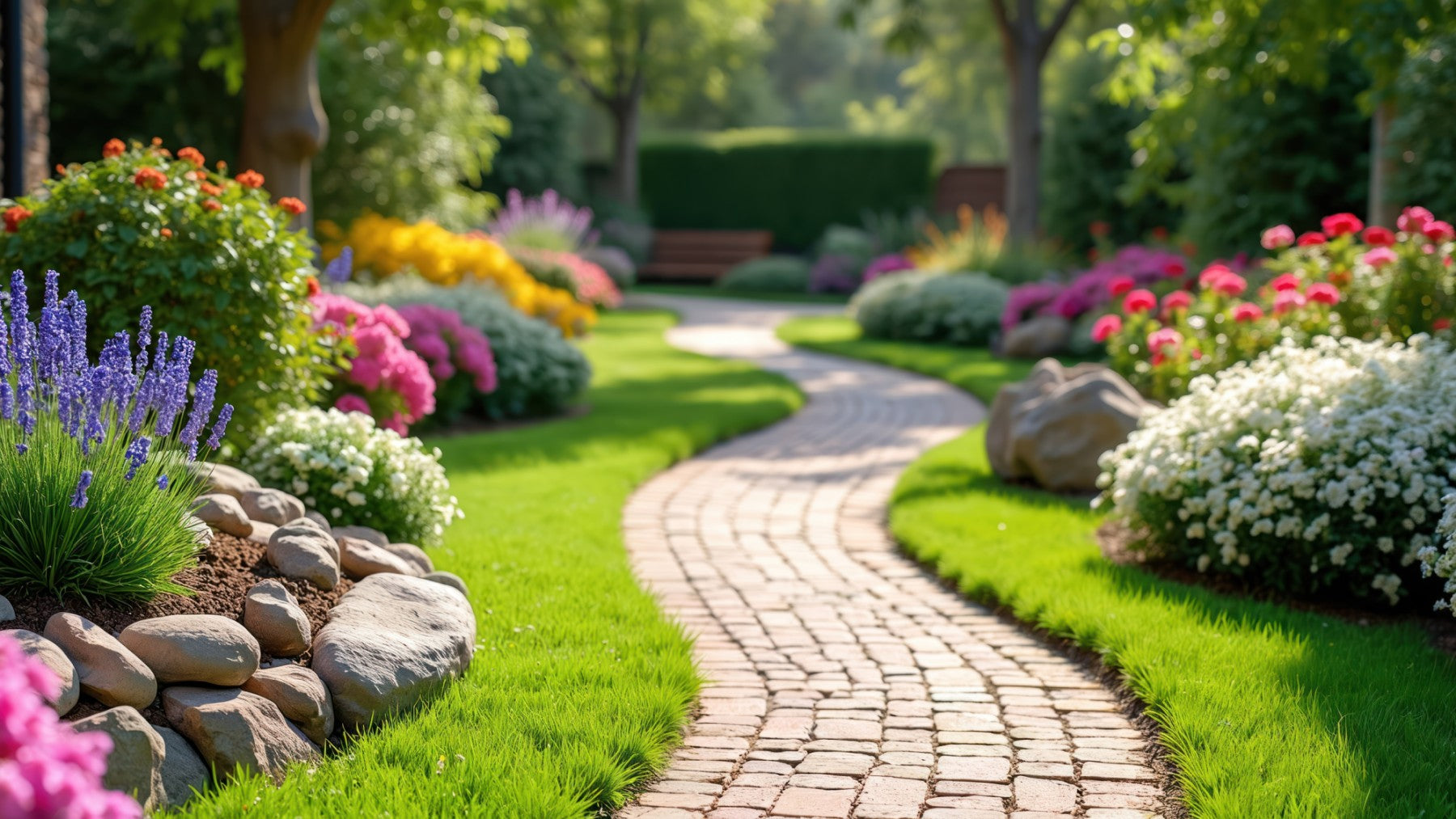Almanac Planting Co: A paver brick pathway winding through a colorful flower garden with trees and stones.