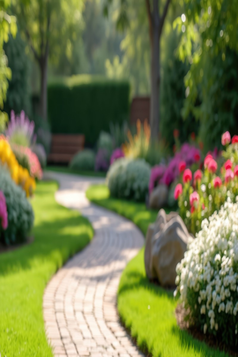 Almanac Planting Co: A paver brick pathway winding through a colorful flower garden with trees and stones.