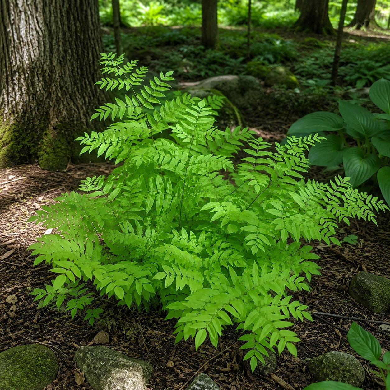 Almanac Planting Co: Mature American Royal Fern clump with broad bright green fronds growing among rocks in a shaded woodland garden