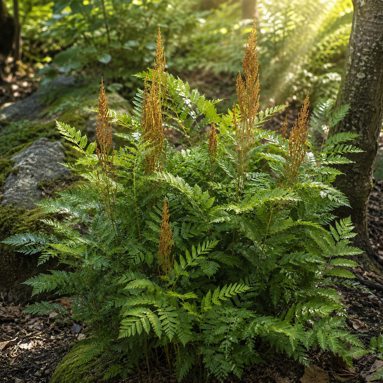 Almanac Planting Co: American Royal Fern with tall rusty fertile fronds rising above green foliage in dappled woodland sunlight