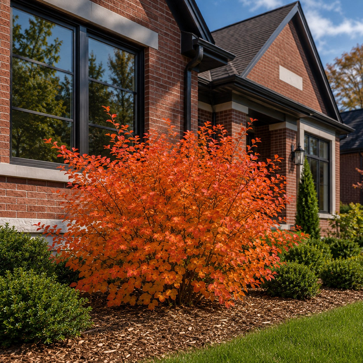 Almanac Planting Co: Autumn Magic Black Chokeberry displaying a rounded habit and brilliant orange-red fall foliage beside a brick home