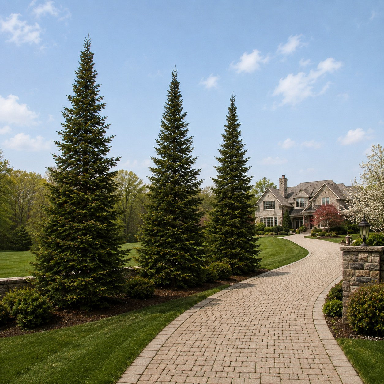 Almanac Planting Co: Tall pyramidal Balsam Fir trees lining a landscaped paver driveway leading to an upscale stone home