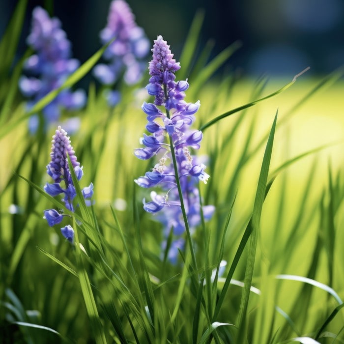 Almanac Planting Co: Vibrant display of Big Blue Liriope (Liriope muscari), also known as Monkey Grass, featuring rich lavender blooms against a backdrop of dense green foliage, perfect for ground cover and garden edging.