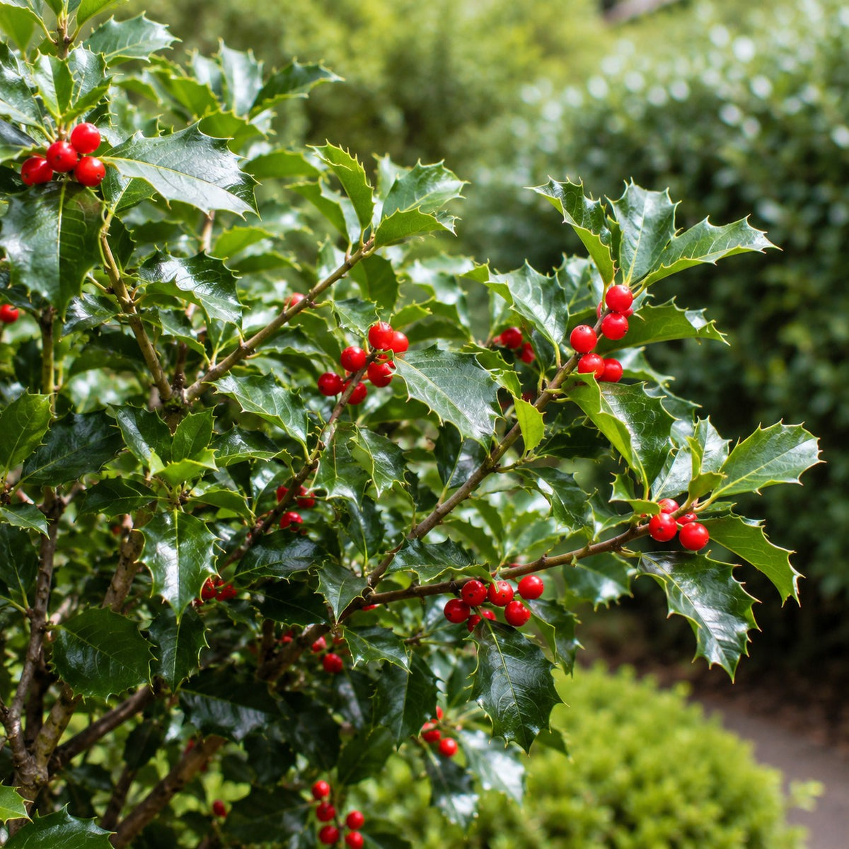 Almanac Planting Co: Close-up of Blue Prince & Princess Holly Combo showing glossy spiny evergreen leaves and bright red berries