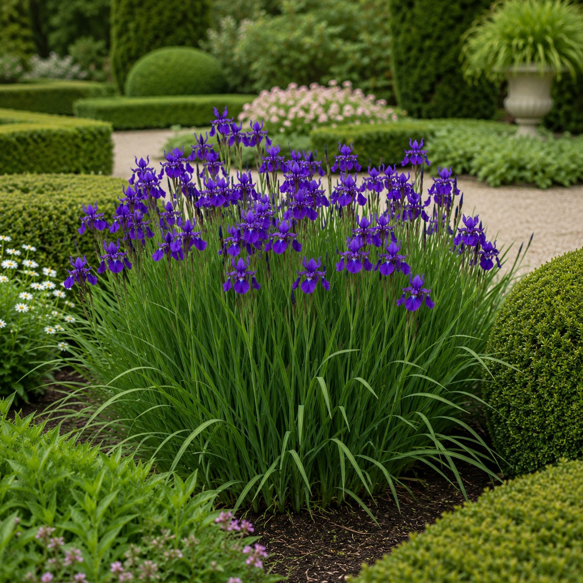 Almanac Planting Co: Caesar's Brother Siberian Iris with violet-blue flowers and buds against a softly blurred garden background