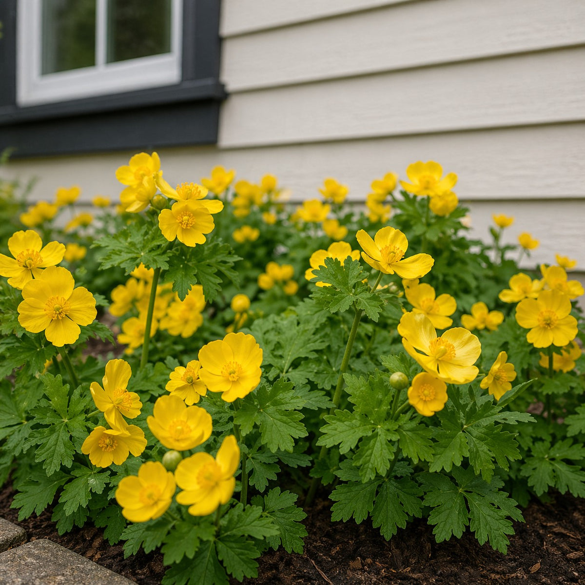 Almanac Planting Co: Stylophorum diphyllum (Celandine Poppy) yellow blooms planted along house foundation in shaded garden bed