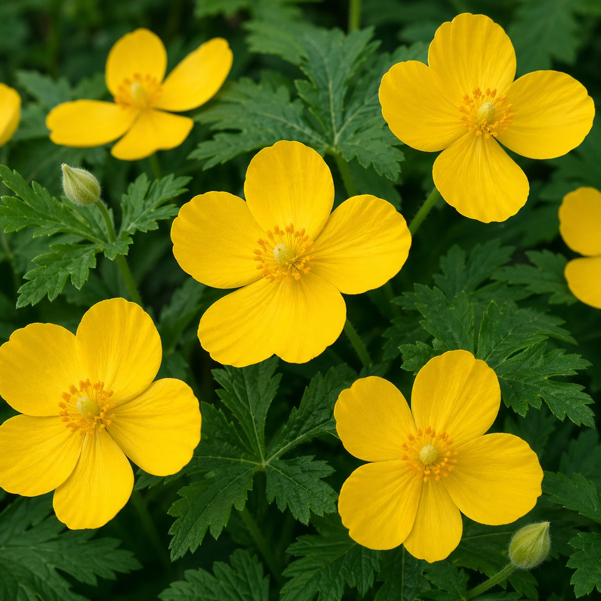 Almanac Planting Co: Stylophorum diphyllum (Celandine Poppy) bright yellow flowers close-up with green foliage in bloom