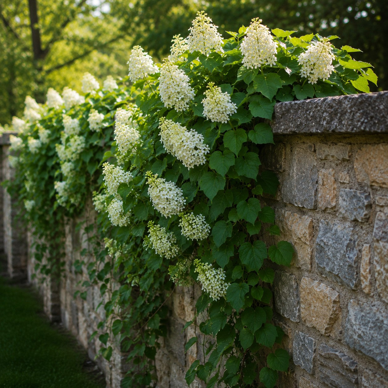 Almanac Planting Co: Mature climbing hydrangea vine covering a stone wall with lush green foliage and white blooms in summer sunlight