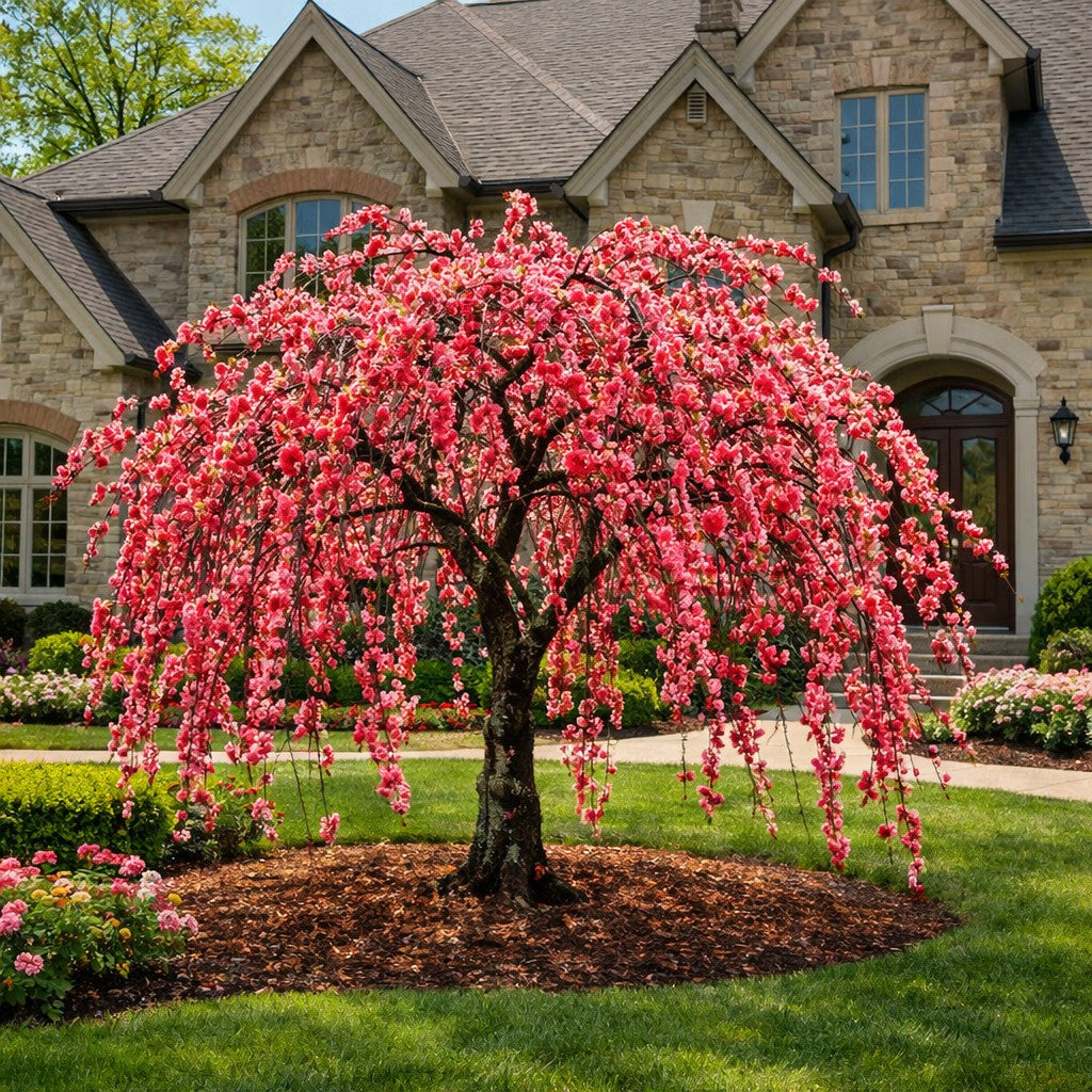 Almanac Planting Co: Crimson Cascade weeping peach tree in full pink bloom growing as a small ornamental specimen in a front yard landscape
