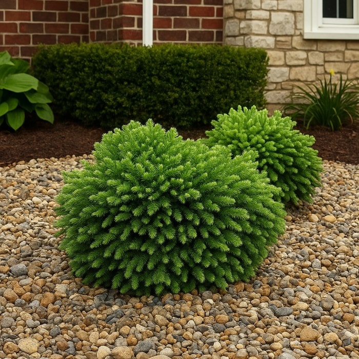 Almanac Planting Co: Dragon Prince™ Japanese Cedar with dense, spherical evergreen form used as a compact foundation accent near stonework.