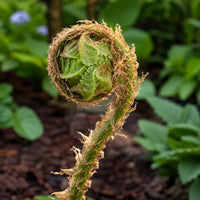 Almanac Planting Co: Close-up of Dixie Wood Fern unfurling fiddlehead with tan papery scales against soft green foliage