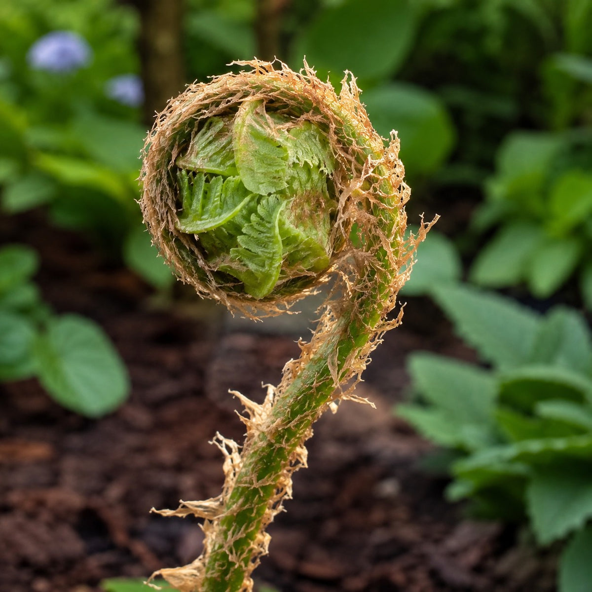 Almanac Planting Co: Close-up of Dixie Wood Fern unfurling fiddlehead with tan papery scales against soft green foliage