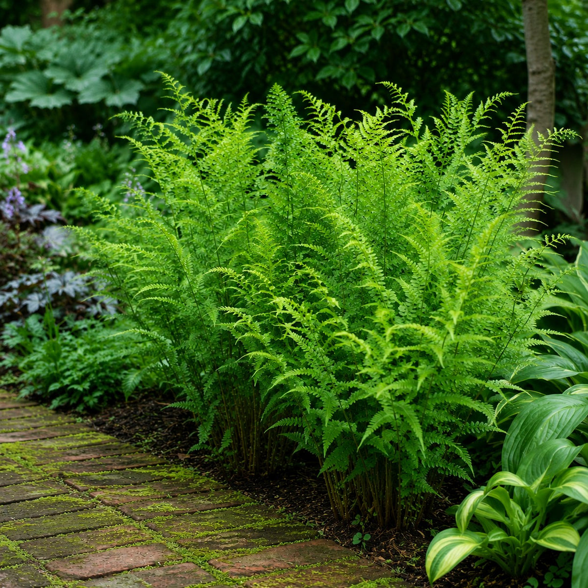 Almanac Planting Co: Dixie Wood Fern with bright green fronds growing beside a moss-covered brick walkway in a shaded garden