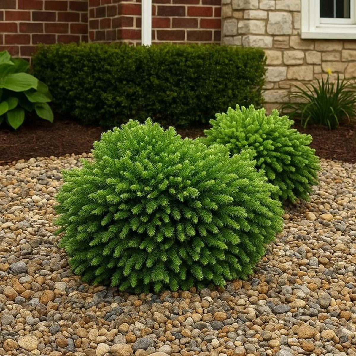 Almanac Planting Co: Dragon Prince™ Japanese Cedar with dense, spherical evergreen form used as a compact foundation accent near stonework.