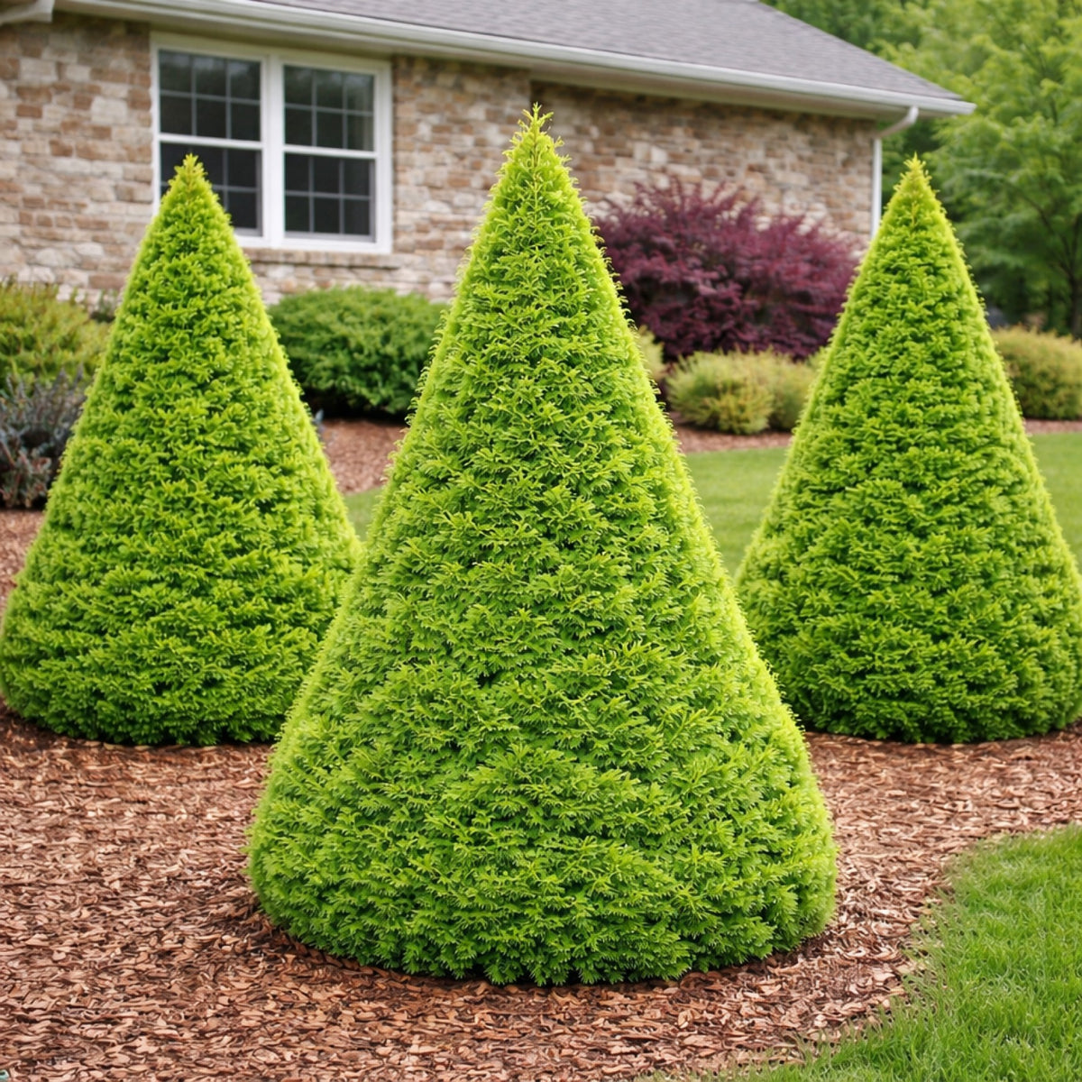 Almanac Planting Co: Dwarf Alberta Spruce (Picea glauca 'Conica') planted in a landscape with neatly trimmed cone-shaped evergreen trees near a home