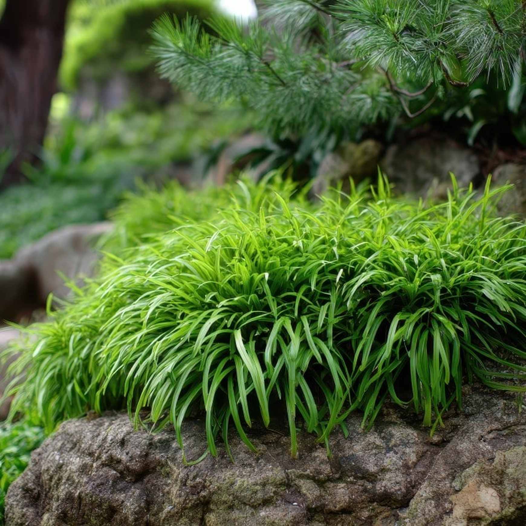 Almanac Planting Co: Dwarf Mondo Grass ‘Nana’ forming a lush, low evergreen mat along a shaded rock border.