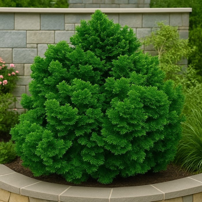 Almanac Planting Co: Dwarf Hinoki Cypress ‘Nana Gracilis’ — compact evergreen conifer with dense layered foliage in a garden setting