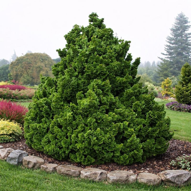 Almanac Planting Co: Dwarf Hinoki Cypress ‘Nana Gracilis’ — compact evergreen conifer with dense layered foliage in a garden setting