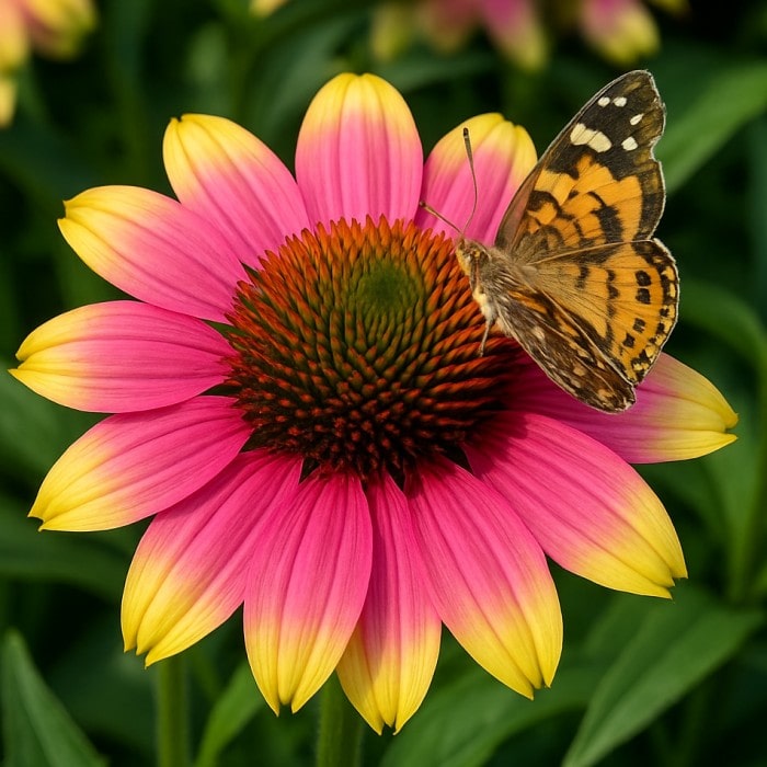Almanac Planting Co: Close-up of Echinacea KISMET® Pink Lemonade with a butterfly visitor, highlighting its rich central cone and golden petal tips. A must-have for pollinator gardens, native plant lovers, and anyone who loves vibrant, long-lasting color.