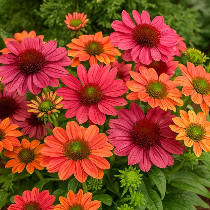 Almanac Planting Co: Echinacea SunSeekers Rainbow Coneflower – mixed apricot, coral, and rose blooms in full summer color