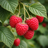 Almanac Planting Co: Close-up of Encore Raspberry fruit cluster showing bright red ripe raspberries on the plant