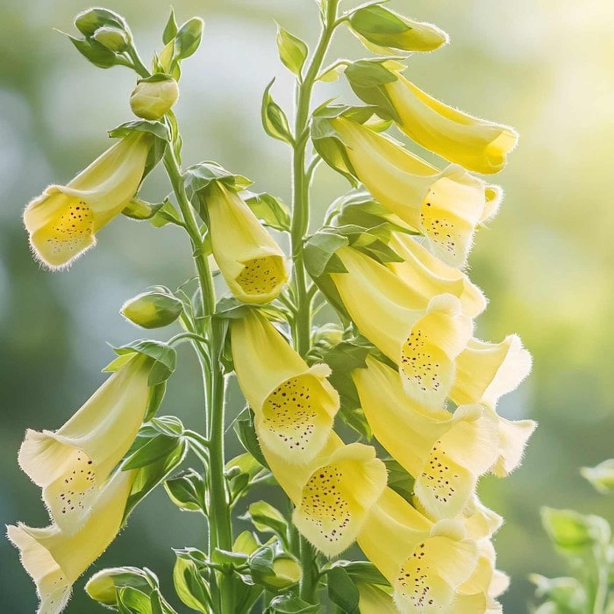 Almanac Planting Co: This image features a vibrant display of Arctic Fox Lemon Cream Foxglove, flourishing with multiple blooms that elevate garden aesthetics. These foxgloves are perfect for gardeners who appreciate perennials that offer both visual impact and ease of care, thriving in partial shade and enhancing biodiversity.