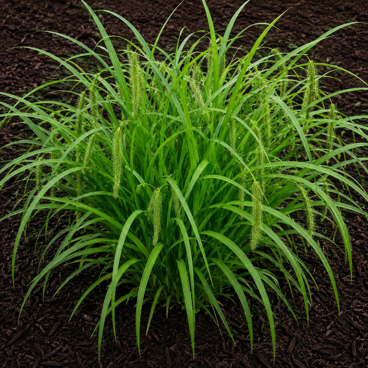 Almanac Planting Co: Fringed sedge grass growing in dark mulch with arching bright green foliage