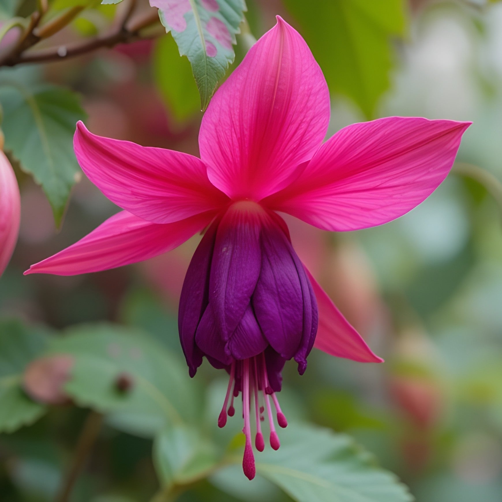 Almanac Planting Co: close-up of Fuchsia ‘Dollar Princess’ flower showing rich purple sepals and deep pink petals