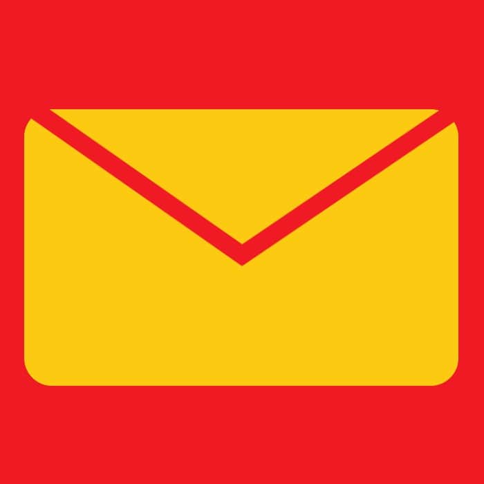 Almanac Planting Co: Gift Tag Creative Icon. A yellow envelope atop a red background.