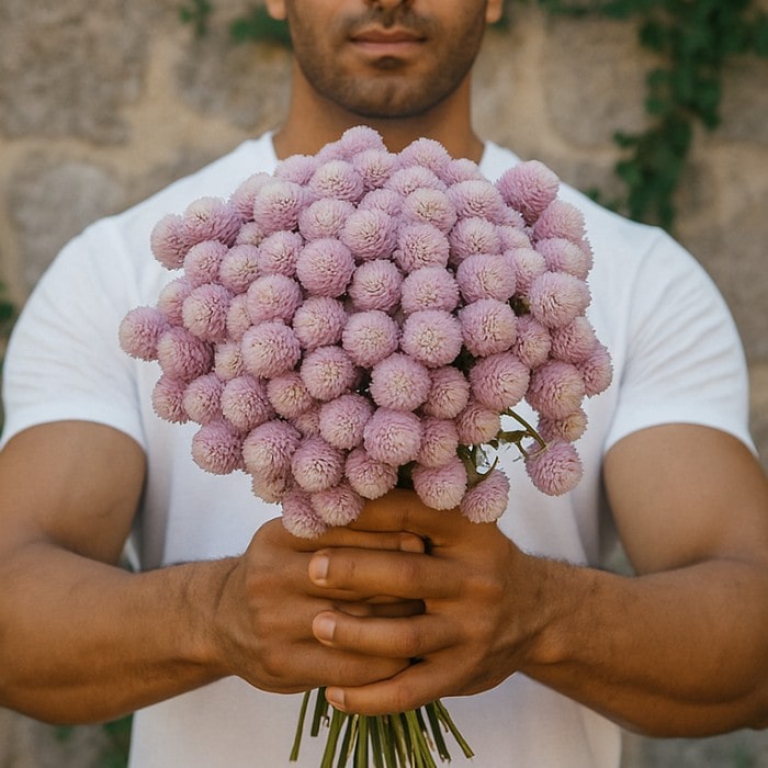 Almanac Planting Co: Freshly cut Globe Amaranth 'QIS™ Pink' blooms held in a bouquet showcasing bright pink everlasting flowers
