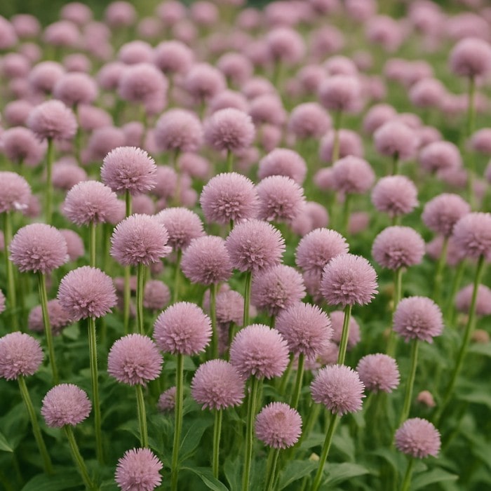 Almanac Planting Co: Globe Amaranth 'QIS™ Pink' plants in full bloom with pink globe-shaped flowers in a summer garden