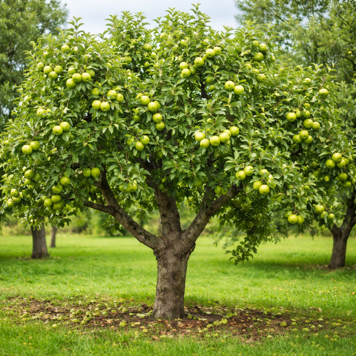 Almanac Planting Co: Granny Smith Apple tree growing in a sunny orchard with green apples on the branches