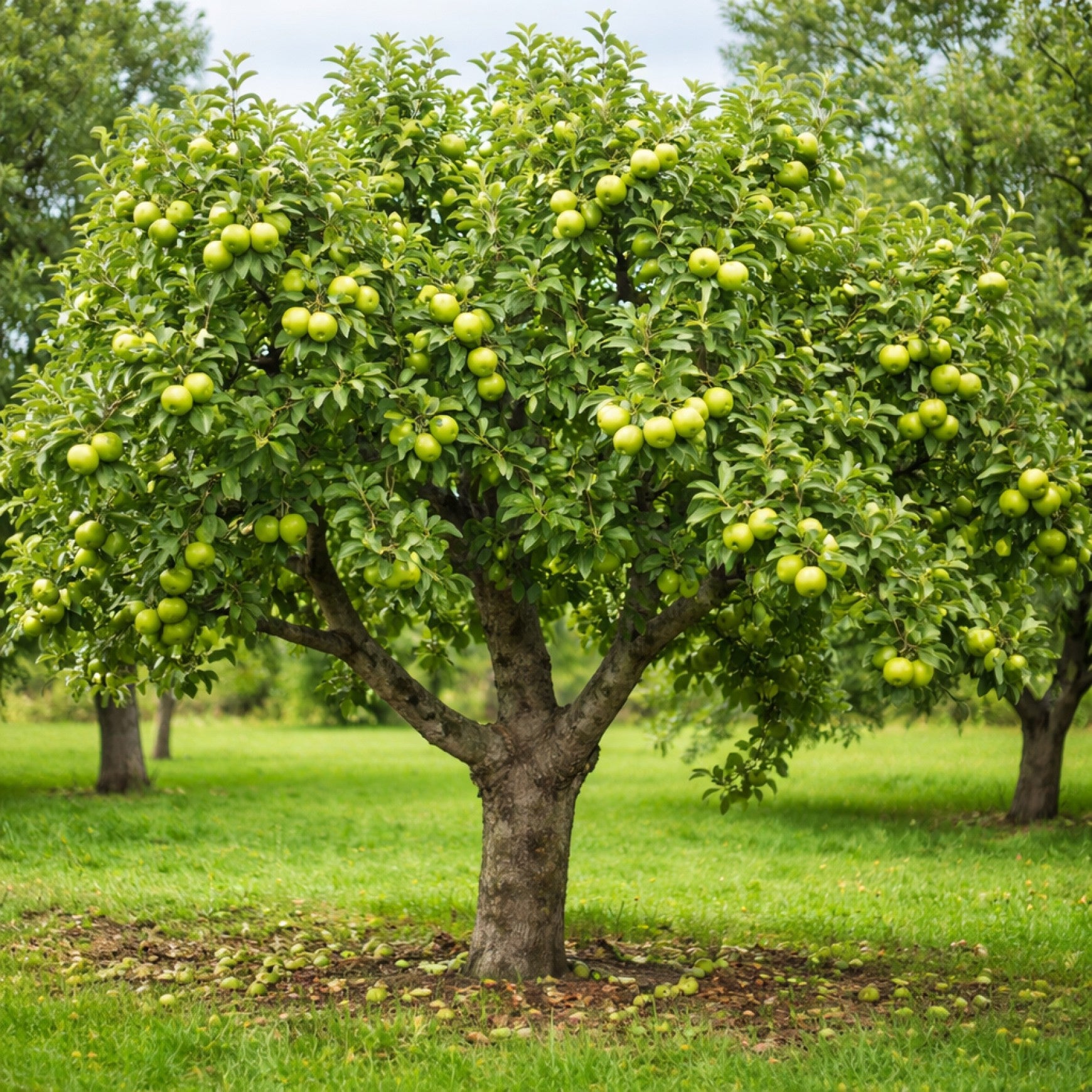 Almanac Planting Co: Granny Smith Apple tree growing in a sunny orchard with green apples on the branches