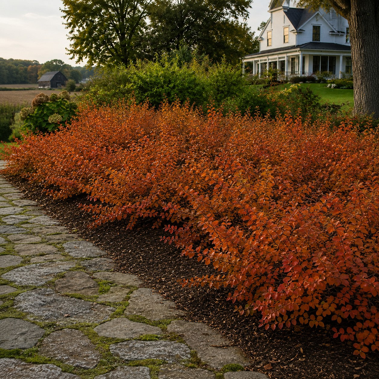 Almanac Planting Co: Gro-Low Fragrant Sumac massed along a stone garden path with vivid orange fall foliage in a rural landscape