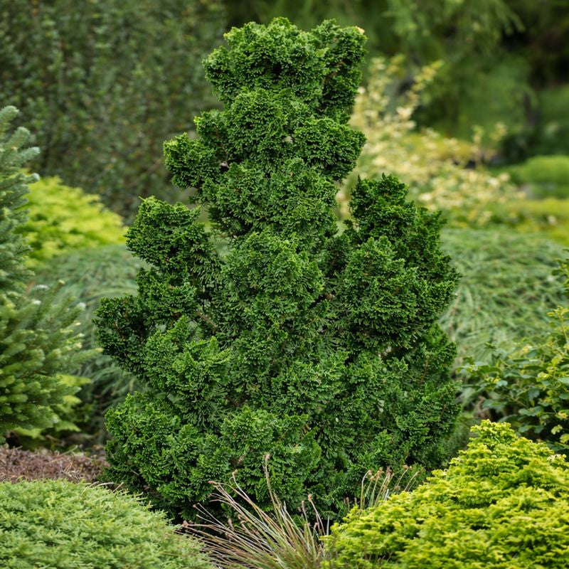Almanac Planting Co: Thoweil Hinoki Cypress – compact evergreen shrub with sculptural green foliage for foundation and accent plantings