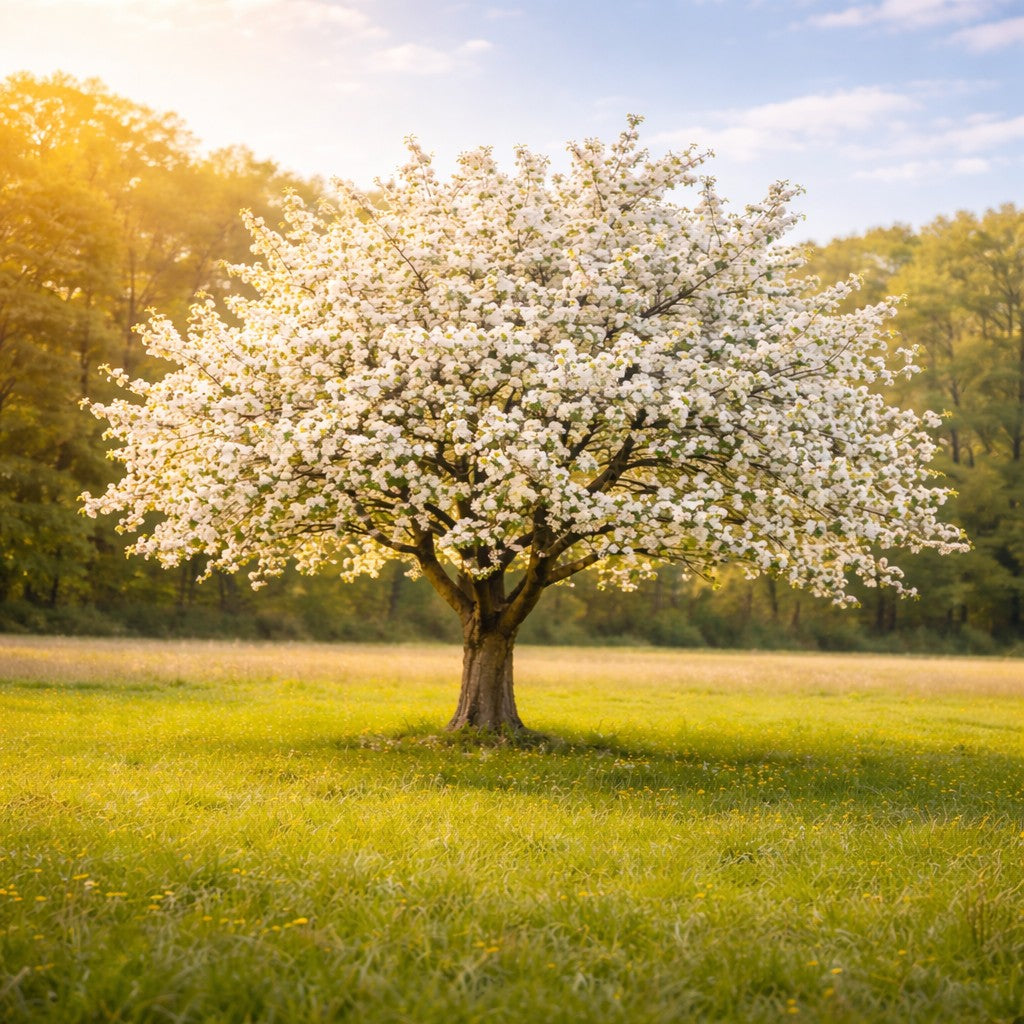 Almanac Planting Co: Honeycrisp apple tree covered in white spring blossoms growing in an open orchard landscape