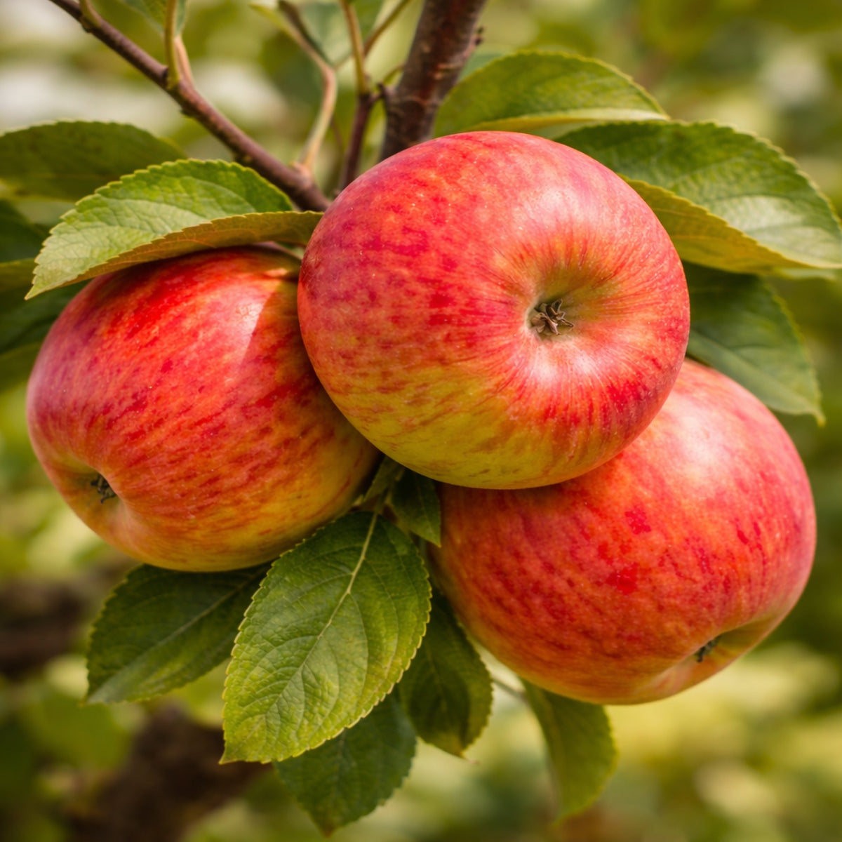 Almanac Planting Co: Ripe red Honeycrisp apples growing on a branch with green leaves