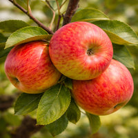 Almanac Planting Co: Ripe red Honeycrisp apples growing on a branch with green leaves