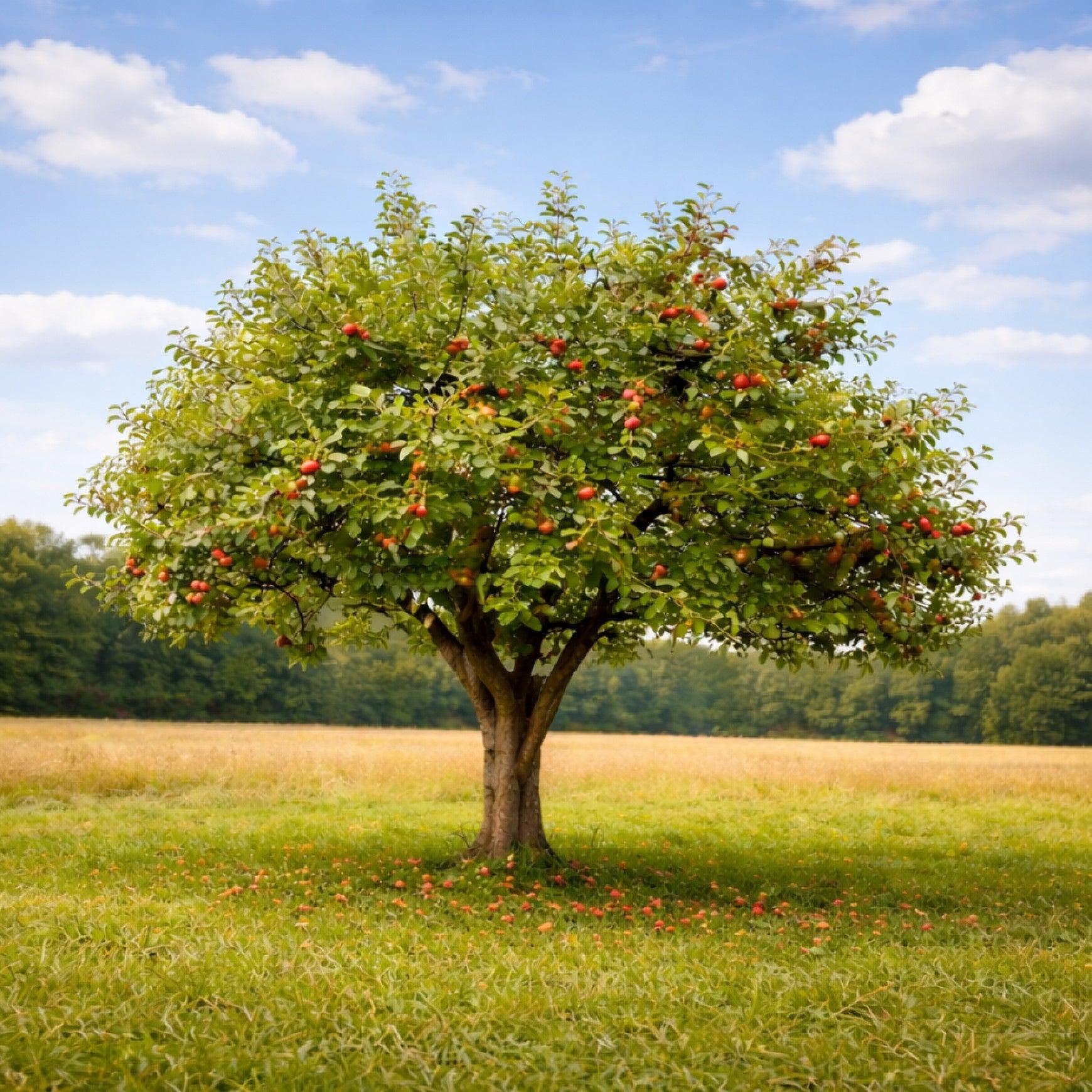 Almanac Planting Co: Mature Honeycrisp apple tree growing in a sunny orchard field
