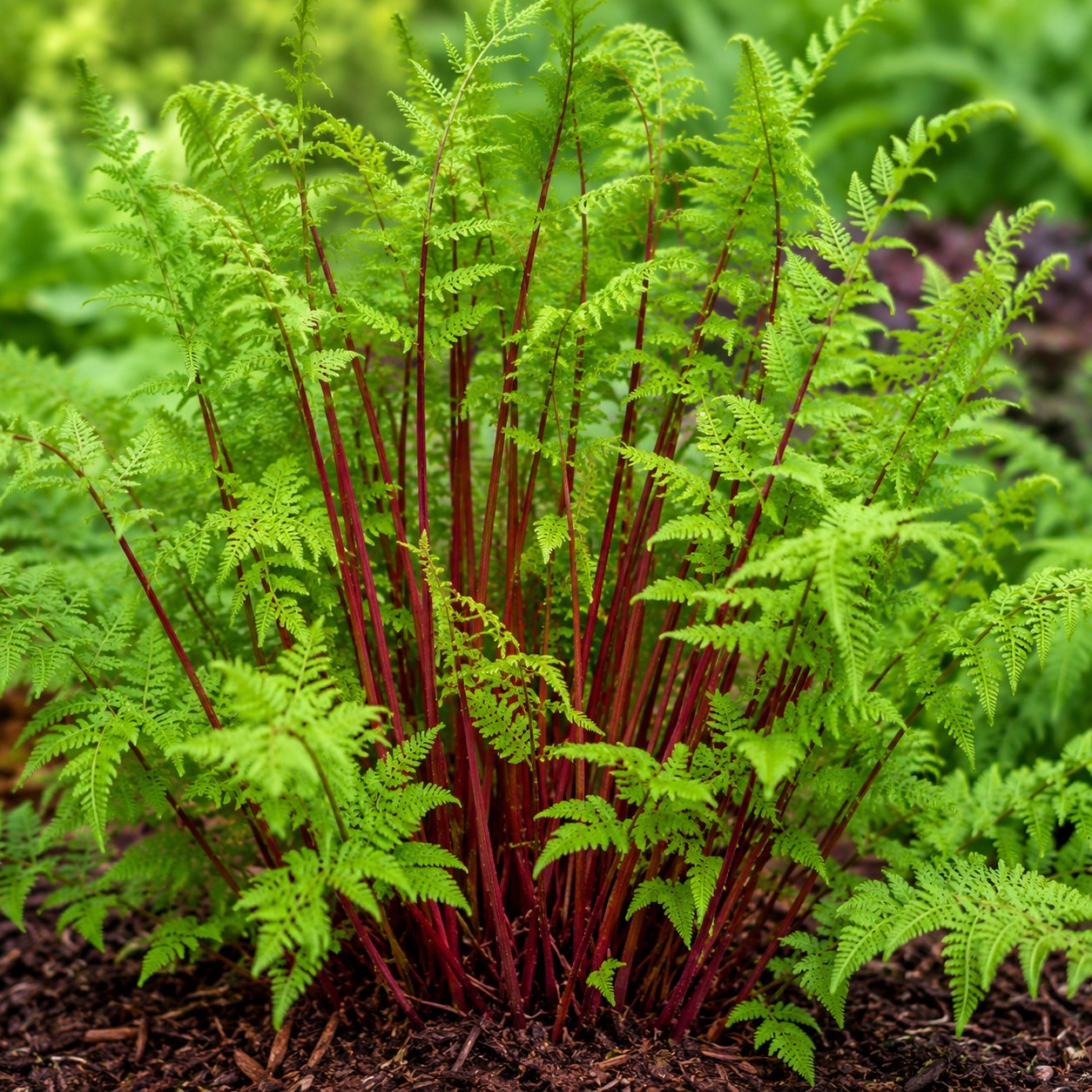 Almanac Planting Co: Lady in Red Fern forming an upright clump of bright green fronds with striking deep burgundy stems
