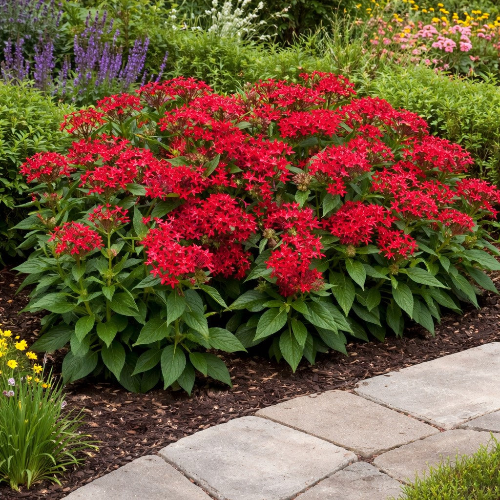 Almanac Planting Co: Pentas ‘Lucky Star Lipstick’ growing in a sunny garden bed with clusters of vivid red star-shaped flowers