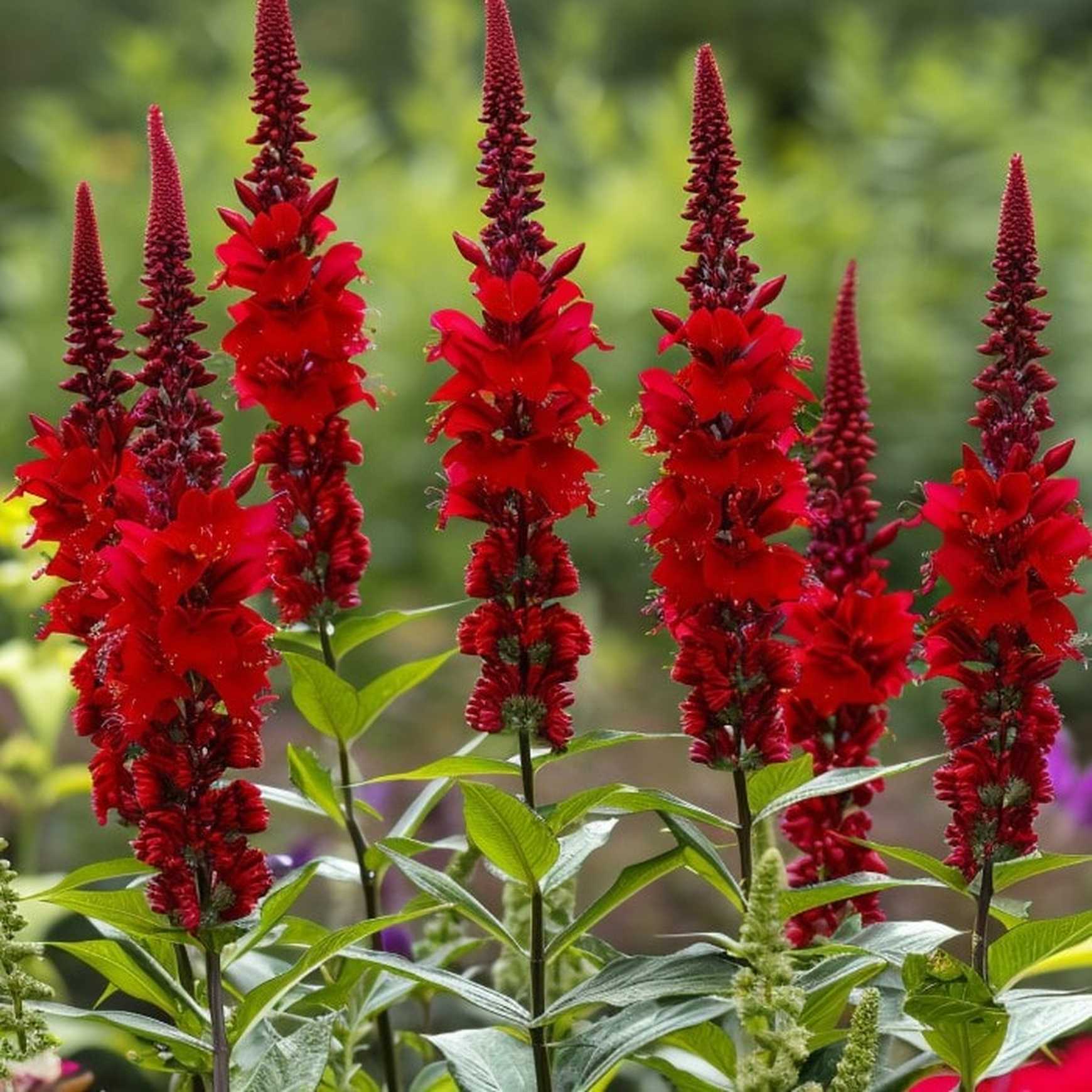 Almanac Planting Co: Capture the bold beauty of Lobelia cardinalis, also known as cardinal flower, in full bloom with its vivid red flower spikes rising above rich green foliage. This native perennial is a standout for pollinator gardens, adding vibrant color and structure to moist borders and rain gardens.