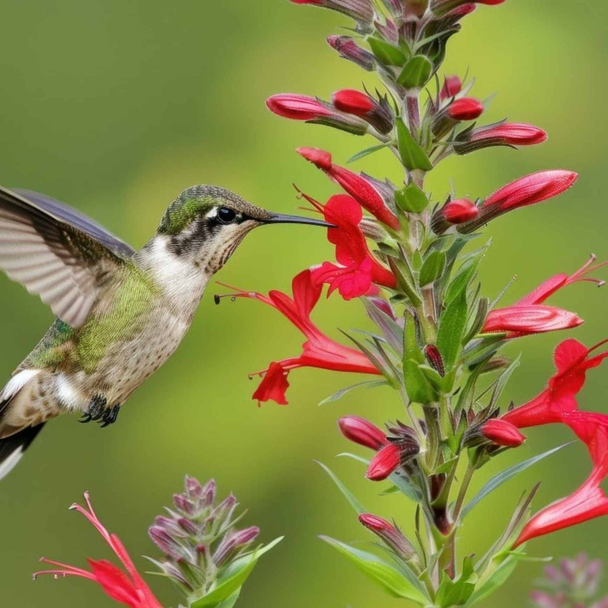 Almanac Planting Co: A close-up view of a hummingbird sipping nectar from the brilliant red blooms of Lobelia cardinalis (cardinal flower). This moisture-loving wildflower thrives in consistently damp soil and is a favorite in native plant landscapes, woodland edges, and wildlife-friendly designs.