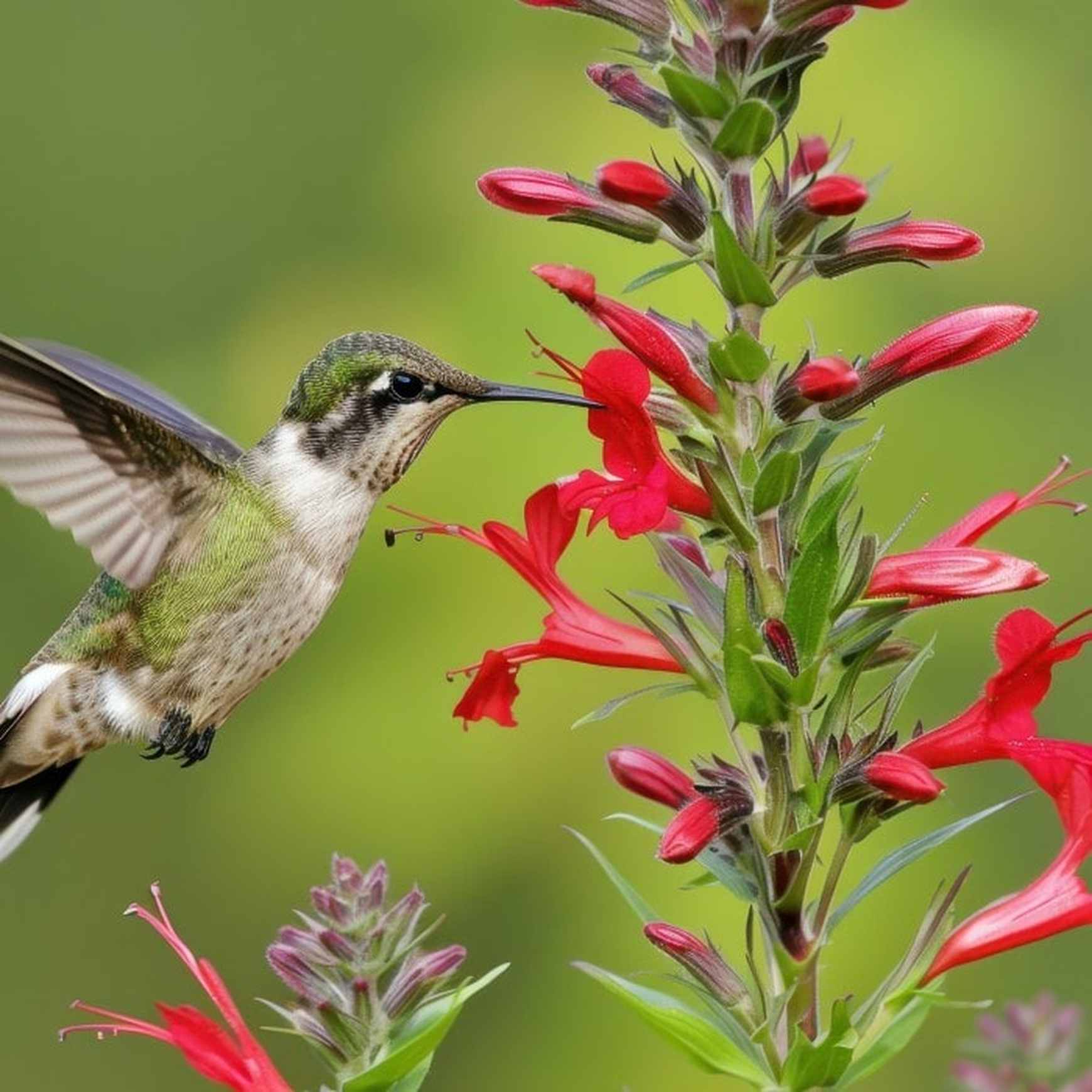 Almanac Planting Co: A close-up view of a hummingbird sipping nectar from the brilliant red blooms of Lobelia cardinalis (cardinal flower). This moisture-loving wildflower thrives in consistently damp soil and is a favorite in native plant landscapes, woodland edges, and wildlife-friendly designs.