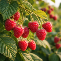 Almanac Planting Co: Nova Raspberry plant with clusters of ripe red raspberries growing on the cane